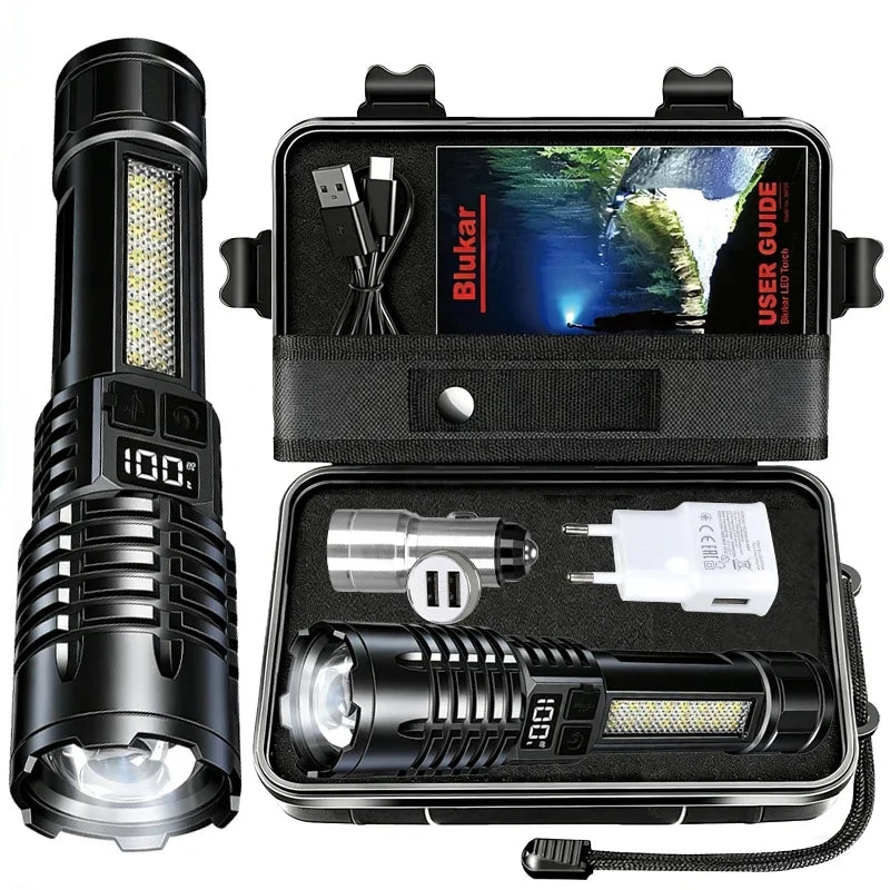 100000LM Super Bright Flashlight Rechargeable LED Torch Long Range Tactical Lamp for Outdoor Waterproof Camping Fishing Lantern