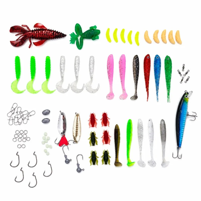 84/107pcs Fishing Lure Kit Soft and Hard Bait Set Gear Layer Metal Jig Spoon For Bass Pike Crank Tackle Accessories with Box