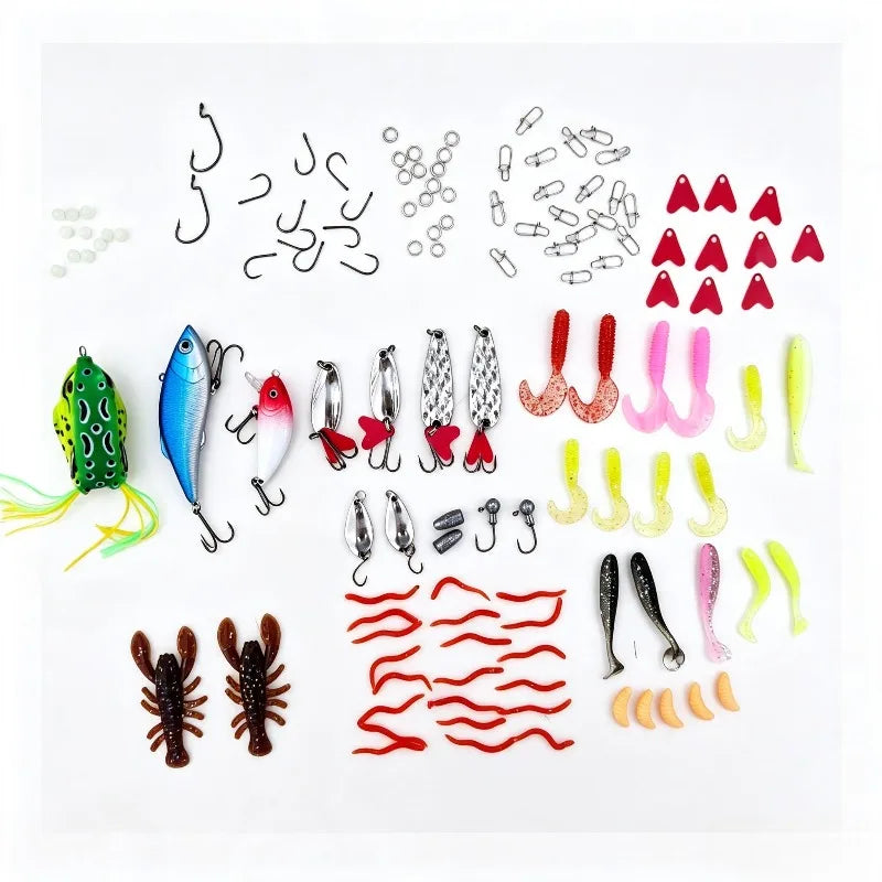 84/107pcs Fishing Lure Kit Soft and Hard Bait Set Gear Layer Metal Jig Spoon For Bass Pike Crank Tackle Accessories with Box