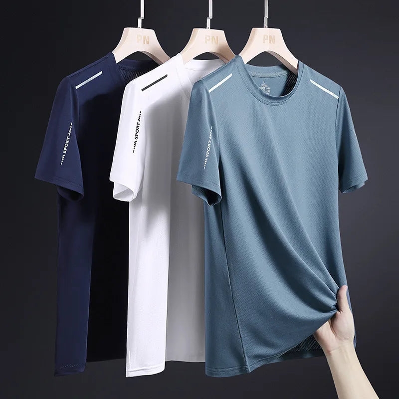 Summer Men's Running Quick Drying T-shirts Breathable Hiking Fishing Tees Soft Elasticity Outdoor Sports Short Shirt