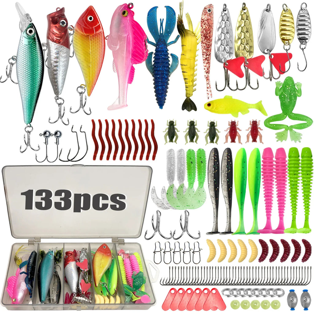 84/107pcs Fishing Lure Kit Soft and Hard Bait Set Gear Layer Metal Jig Spoon For Bass Pike Crank Tackle Accessories with Box