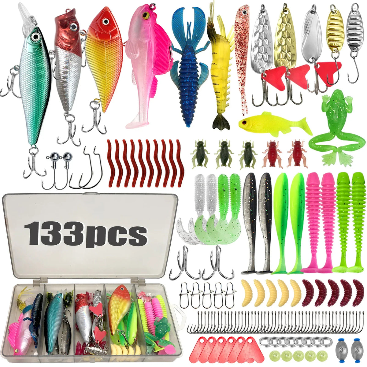 84/107pcs Fishing Lure Kit Soft and Hard Bait Set Gear Layer Metal Jig Spoon For Bass Pike Crank Tackle Accessories with Box