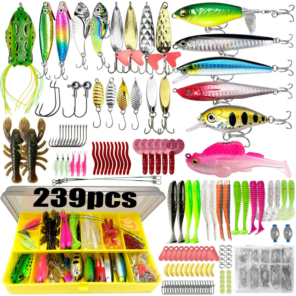 84/107pcs Fishing Lure Kit Soft and Hard Bait Set Gear Layer Metal Jig Spoon For Bass Pike Crank Tackle Accessories with Box